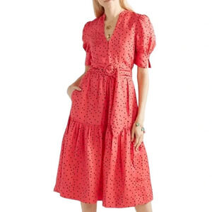 Rebecca Vallance Linen Blend Dot Print Puff Sleeve Midi Dress Coral Size 6